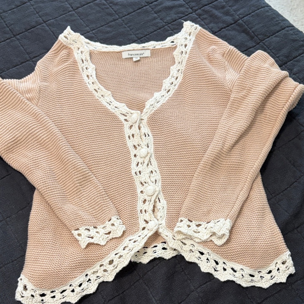 Women's Beige Sweater with Cream Lace Trim